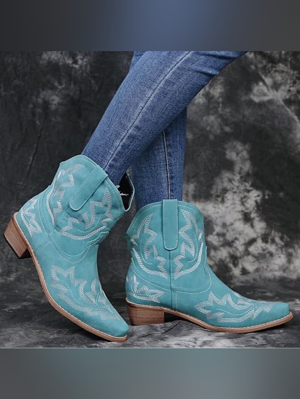 Turquoise Western Embroidered Ankle Boots - Womens